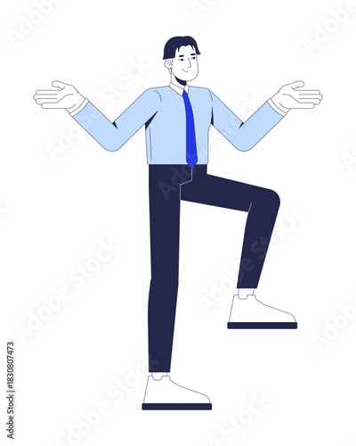 Asian office worker standing with arms open and one leg raised 2D cartoon character. Corporate chinese employee meditating pose flat vector person isolated on white. Spot illustration colorful