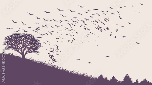 Flock of Birds Taking Flight from Lone Tree on Hillside, Symbolizing Freedom, Change, and New Beginnings for Nature, Travel, and Life Transition Themes