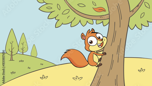 Happy Squirrel Climbing Tree for Autumn Acorn Collection, Cute Woodland Animal for Kids Education, Nature Wildlife, Fall Season Fun, Cheerful Outdoor Adventure