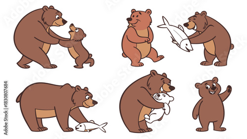 Cute Cartoon Brown Bears Vector Set: Happy Adult Bears, Playful Cubs, Family Interactions, Fishing, and Friendly Wildlife Illustrations for Kids Content