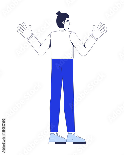 Male office worker from behind with raised hands 2D cartoon character. Caucasian man employee giving up. Businessman hands up flat vector person isolated on white. Spot illustration colorful