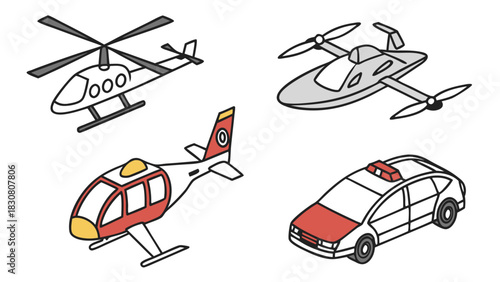 Isometric Illustration Of Diverse Transportation Vehicles Modern Helicopter Futuristic Air Taxi And Urban Car Showcasing Evolving Mobility Logistics And Smart City Technology