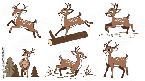 Playful Cute Cartoon Deer Fawn Set Running Jumping Standing in Woodland Forest for Kids Books Nursery Decor and Educational Design