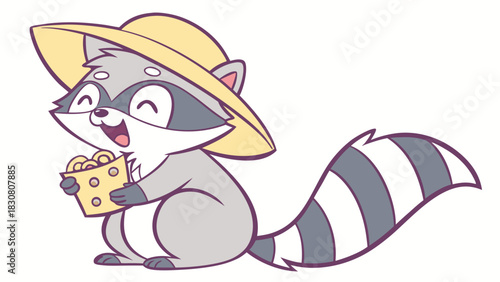 Happy Cartoon Raccoon in Straw Hat Holding Snacks. Cheerful Summer Mascot for Kids Marketing, Playful Web Design, App Icon.