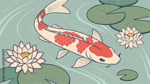 Serene Koi Fish Swimming in Tranquil Pond with Water Lilies. Peaceful Asian Nature Illustration for Wellness, Spa, and Zen Design.