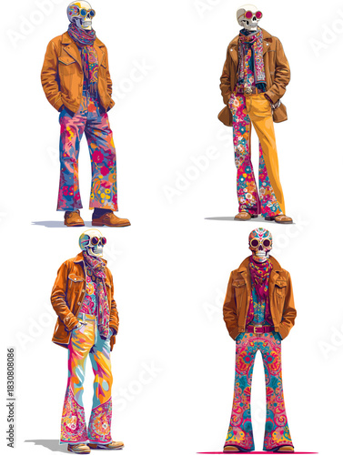 Stylish skeleton character wearing modern colorful fashion outfit. Urban illustration blending street style, surreal art, and edgy character design.