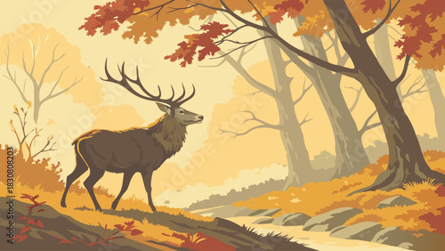Majestic Red Deer Stag with Antlers Standing in Vibrant Autumn Forest by a Peaceful Stream. Nature Wildlife Seasonal Marketing Content.