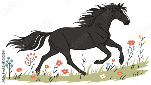 Dynamic Black Horse Galloping Through Vibrant Spring Wildflower Meadow Illustration for Nature Freedom and Wellness