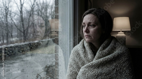 Sad woman looking through window winter depression seasonal affective disorder loneliness melancholy mood unhappy mental health gloom gray weather rain snow indoor isolation tired emotional stress 