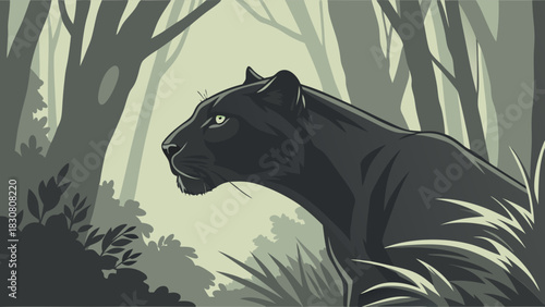 Stealthy Black Panther Illustration in Jungle. Powerful Wildlife Design for Nature Conservation and Brand Identity.