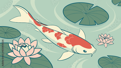 Elegant Vector Illustration of Koi Fish Swimming with Pink Water Lilies in a Calm Pond. Zen Nature Design for Relaxation, Spa, and Wellness.