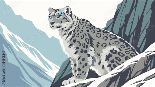 Majestic Snow Leopard Illustration in Snowy Mountains. Wild Winter Animal for Nature Conservation, Adventure Travel, and Environmental Design.