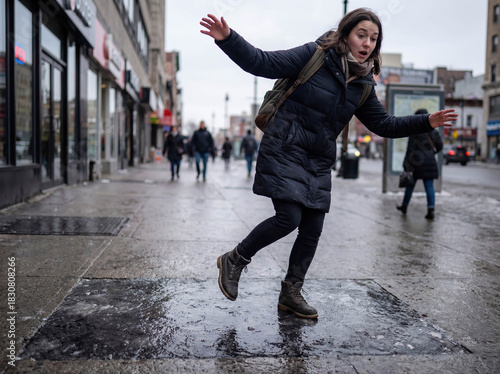 Person slipping falling on icy pavement winter accident danger injury risk safety caution slippery surface sidewalk hazard frost clumsiness concept unbalanced motion fear pain medical emergency urban