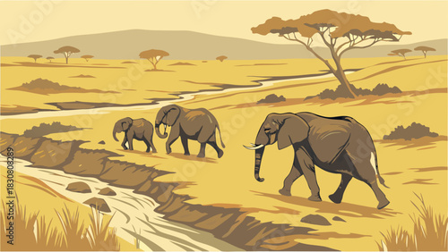 Majestic African Elephant Family Walking in Dry Savanna Landscape Near Riverbed for Wildlife Conservation and Safari Travel
