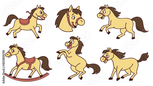 Cute Cartoon Horse Character Set Happy Playful Pony Animals in Diverse Poses for Kids Books Games Education and Creative Design