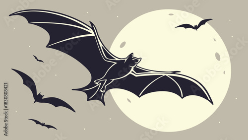 Halloween Bats Flying Silhouette Against Full Moon Night Sky Spooky Nocturnal Wildlife Vector Illustration for Autumn Event Design