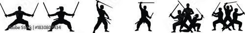 warriors dynamic silhouettes training with swords for martial arts and action-themed scenes. Vector illustration.