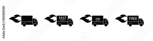Fast delivery icon set. Free delivery, express delivery, 24 hours, fast van. Truck symbol on a white background, vector illustration.
