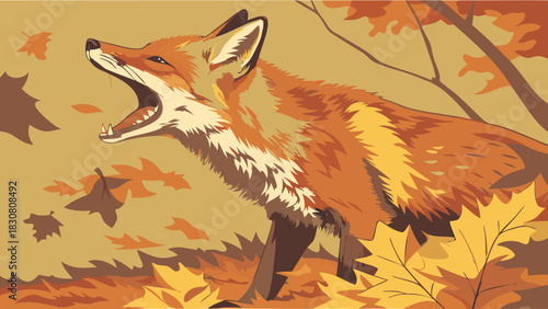 Wild Red Fox Howling in Vibrant Autumn Forest with Falling Leaves Illustration