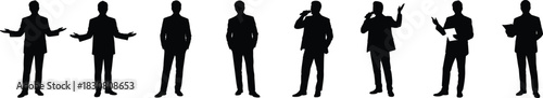 Business professionals confident action silhouettes for presentations, leadership, and corporate themes. Vector illustration.