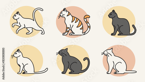 Minimalist Cartoon Cats Sitting and Walking for Pet Illustration Art, Vet Graphics and Creative Animal Design Projects
