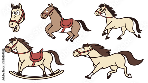 Cute Cartoon Horses Playing and Running for Children’s Animal Education, Nursery Farm Art and Creative Kids Design Projects
