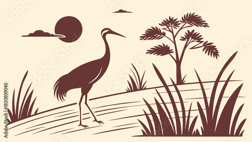 Elegant Crane Bird in Grassland Landscape Silhouette Illustration for Wildlife Conservation Posters and Nature Education Design Projects
