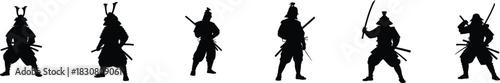 Samurai warriors strong black silhouettes ready for battle, symbolizing tradition and power. Vector illustration.