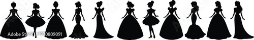 Women in gowns elegant silhouette collection for fairy-tale, fashion, or invitation designs. Vector illustration.