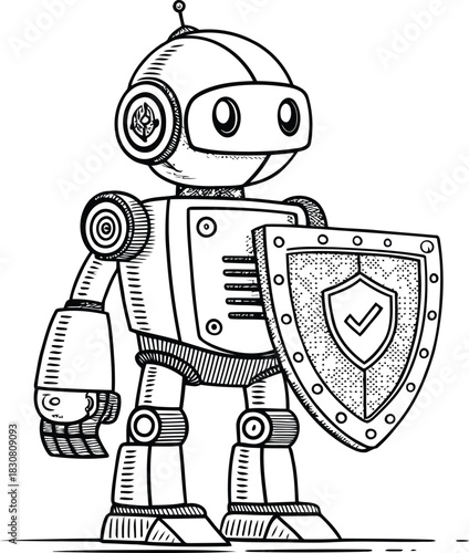 A drawing of a robot holding a shield with a check mark on it in black and white illustration style
