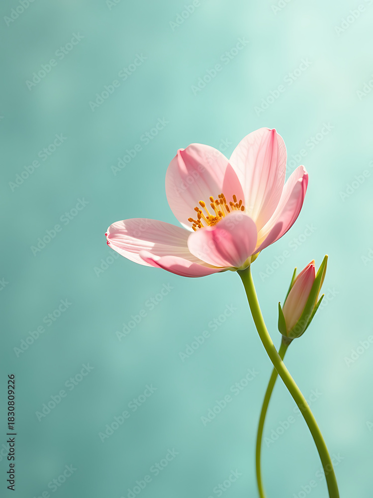 Fototapeta premium delicate floral bouquet full bloom dominates frame soft teal background subtle brushstrokes captured warm daylight