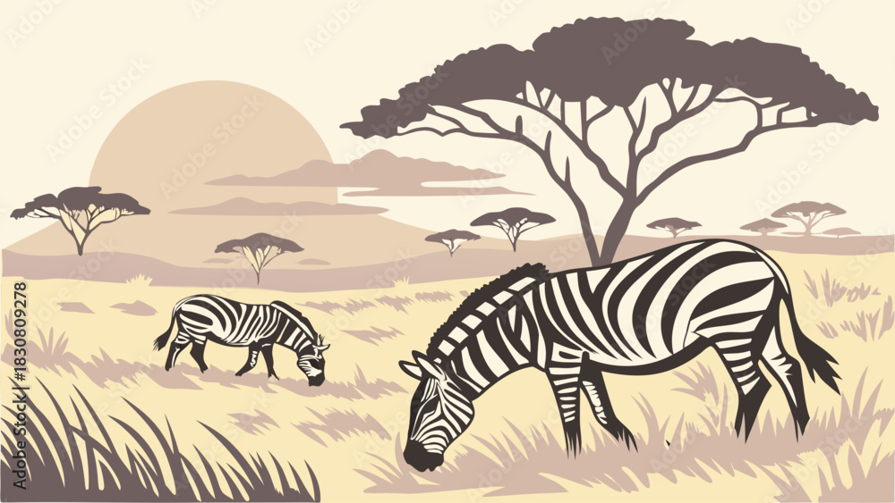Naklejka premium Peaceful Zebras Grazing Calmly in African Savannah Landscape with Acacia Trees Warm Sunset and Soft Natural Colors in Beautiful Wildlife Nature Illustration Artwork for Creative Design Projects