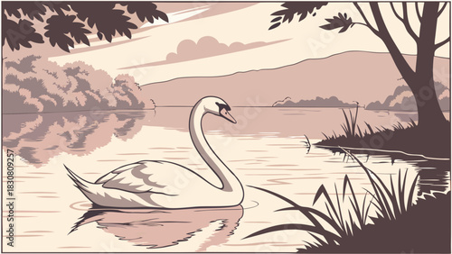 Elegant Graceful Swan Gliding Smoothly Across Calm Lake Water in Peaceful Vintage Nature Scene with Soft Pastel Sunset Reflections in Beautiful Wildlife Illustration Artwork for Creative Design Projec