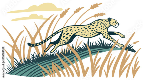 Fast Powerful Cheetah Running Swiftly Across Wild Grassland in Dynamic Wildlife Nature Scene with Elegant Motion Lines in Beautiful Animal Illustration Artwork for Outdoor Creative Design Projects
