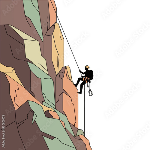 Illustrative graphic of an adventurous person rappelling down a vibrant, stylized mountain face, symbolizing the exhilarating spirit of extreme outdoor sports and personal achievement
