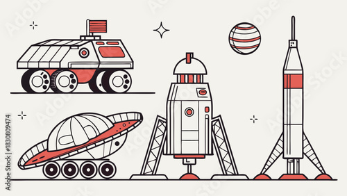 Futuristic Space Rocket and Intergalactic Vehicle Illustration Set Flying Through Colorful Galaxy with Planets, Stars, and Cosmic Elements in Creative Outer Space Artwork for Design Projects
