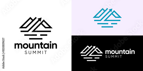 Creative simple mountain summit logo template. Geometric mountain with arrow up logo vector.