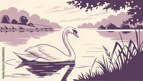Elegant Graceful Swan Gliding Smoothly Across a Calm Reflective Lakeside Surface in Serene Vintage Monochrome Nature Landscape Illustration Artwork for Creative Projects
