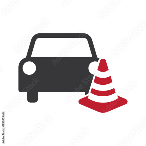 Isolated pictogram of car and a red-striped street cone used for traffic control, safety caution, road warning, construction zone marking, and hazard indication signage.