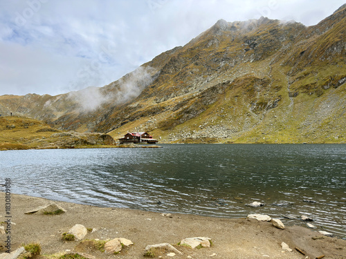 View of Balea glacier lake, tourism place. Fagaras mountains, Transfagarasan, Romania. Autumn, 2025
