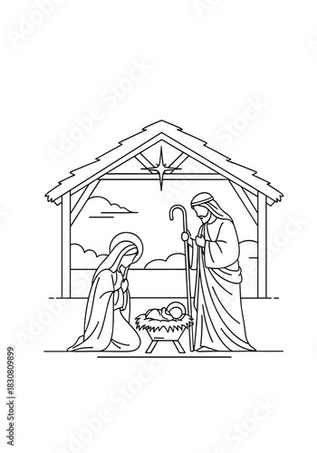 Mary and Joseph admiring newborn baby in nativity scene illustration  