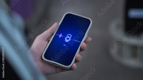 Photography Person using personal AI agent assistant in the city, voice recognition artifici