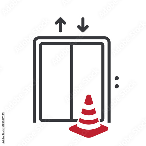 Isolated pictogram of an elevator with a traffic cone in front, symbolizing temporary out-of-service condition, broken lift warning, and maintenance safety notice.