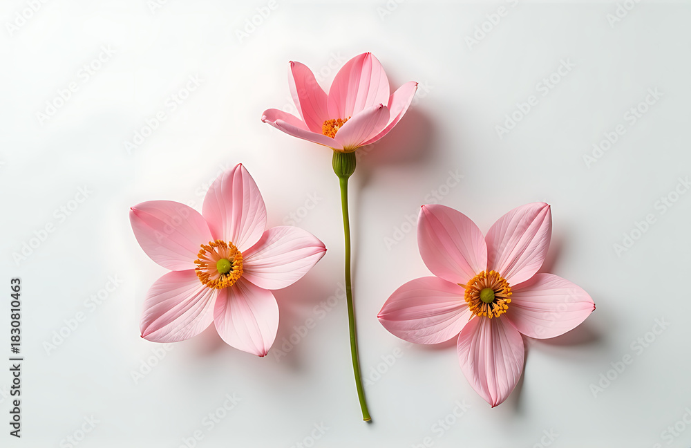 Naklejka premium delicate arrangement three pale pink blooms ravaged centers exposed rests pristine white surface minimalist flat