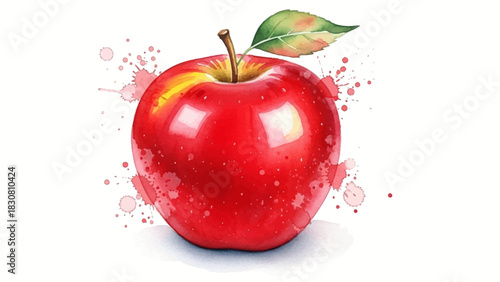 Fresh juicy red apple fruit with a green leaf in a creative watercolor splatter style, isolated on a white background