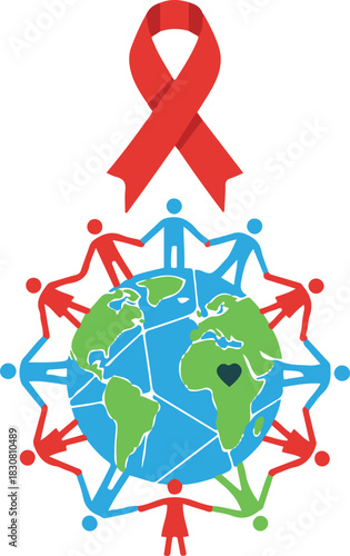 A symbolic vector illustration featuring a globe surrounded by a chain of diverse figures holding hands in unity, topped with a large red AIDS awareness ribbon.