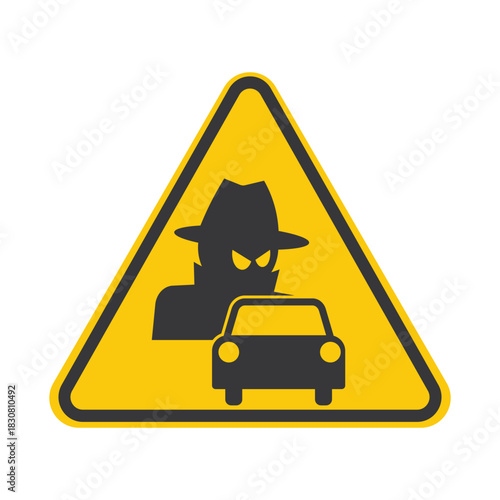Caution sign a car with a mysterious hat-wearing intruder silhouette, symbolizing vehicle burglary risk, security alert, crime warning, and theft prevention.