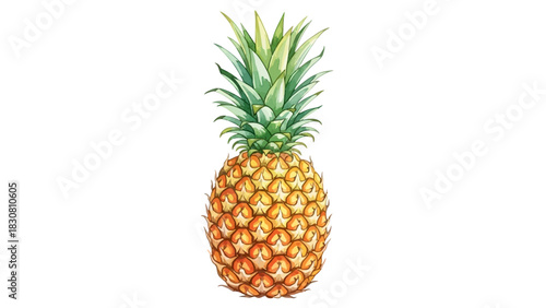 Watercolor illustration of a fresh tropical pineapple with green leaves, perfect for summer designs and healthy food concepts showcasing vibrant, natural produce