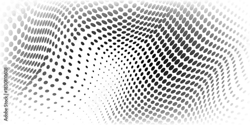 Abstract halftone wave dotted background. Halftone twisted grunge pattern, dot, circle.  Vector modern optical halftone pop art texture for poster, business card, cover, label mock-up, sticker layout