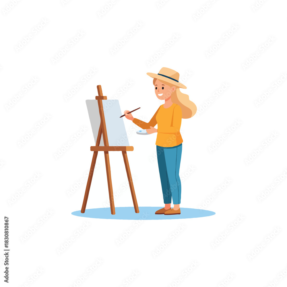 Fototapeta premium A woman with a hat painting on a canvas, showing her creativity and artistic talent expressing